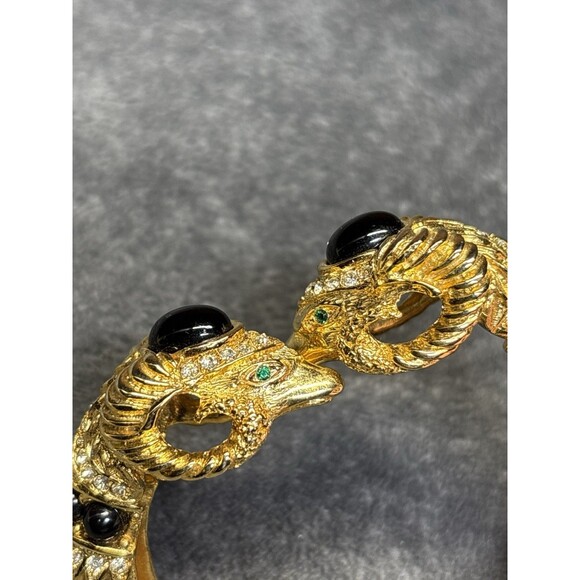 Vintage Craft Goldtone Rhinestone Black Cabochon Rams Head Clamper Bracelet - Picture 3 of 9